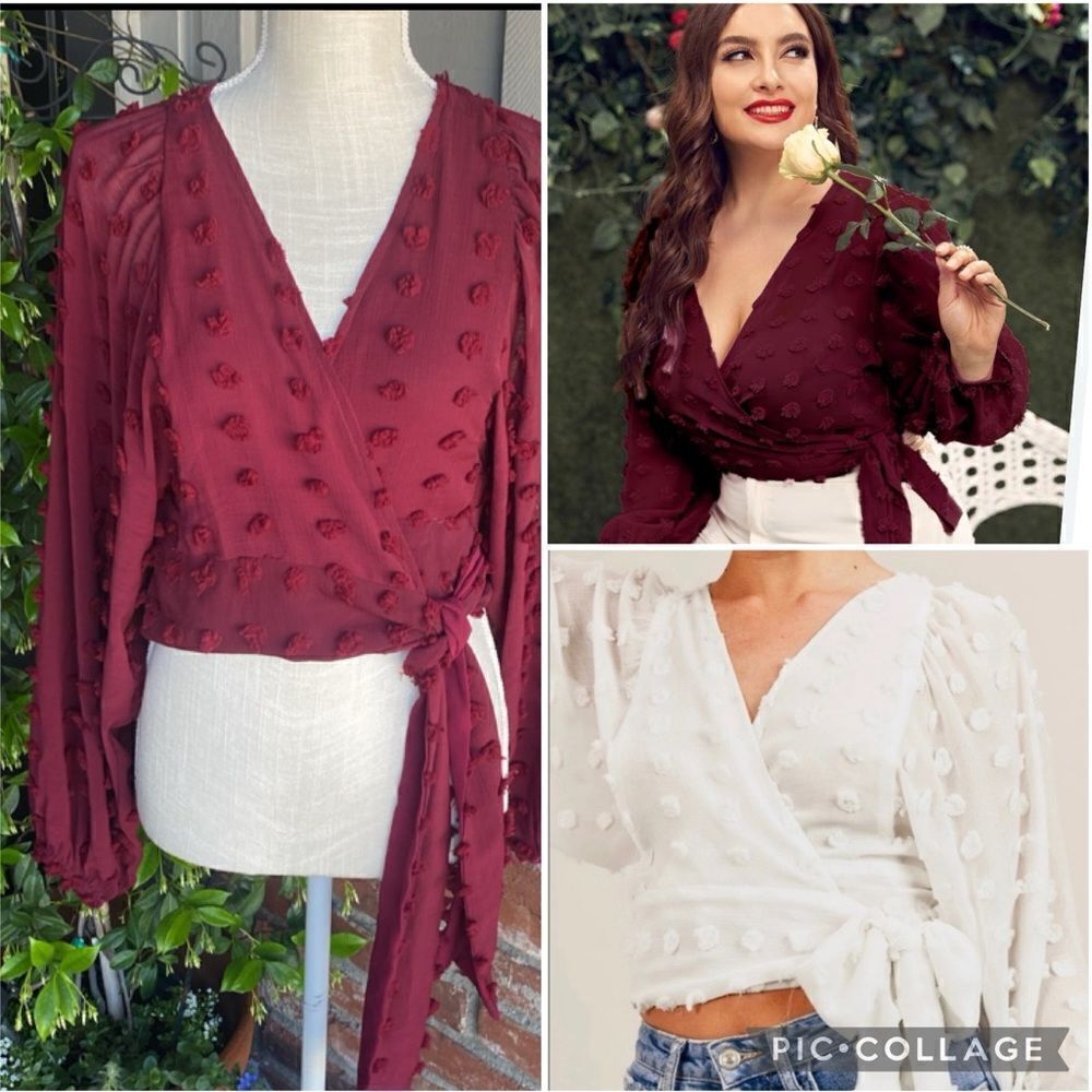 Reset by Jane Burgundy Swiss dot wrap billowy long sleeve blouse Size: S